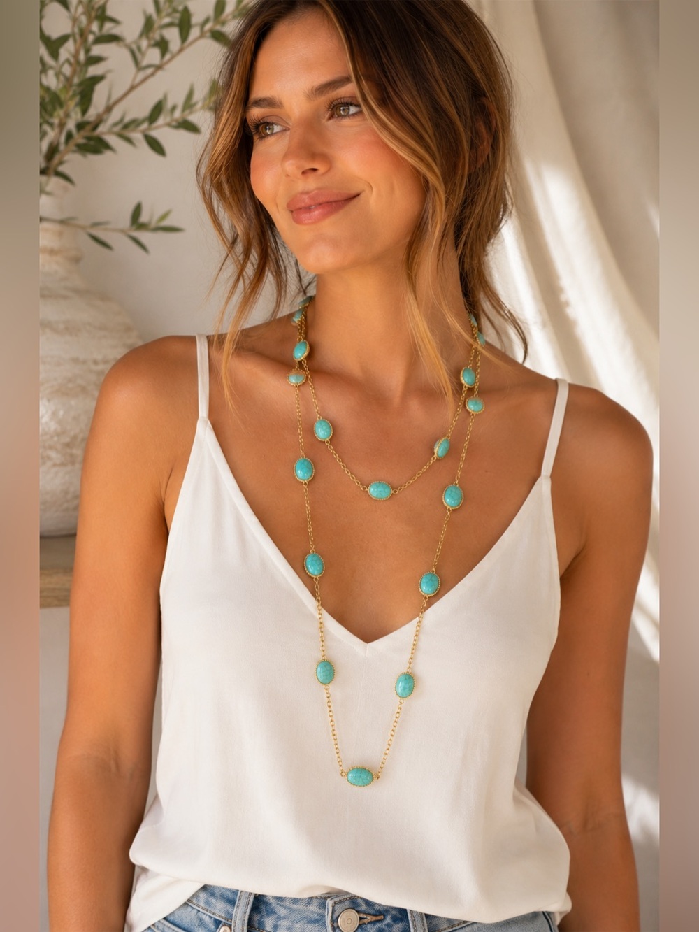 Turquoise Layered Oval Beaded Necklace - Picture 2 of 7